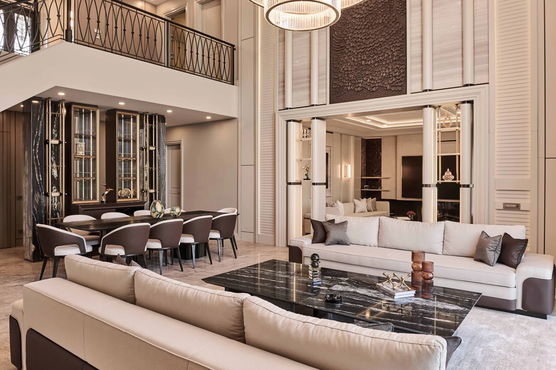 CB Evi villa projesinde galeri boşluğu, salon ve yemek alanı